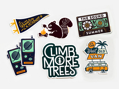 New Stickers! cassette tape illustration nature outdoors pennant print stickers summer typography van vintage walkie talkie