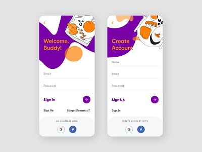 Sign In - Sign Up UI account app app design clean color creative design flat food app illustration login logo mobile register restaurant shape sign in signup type ux