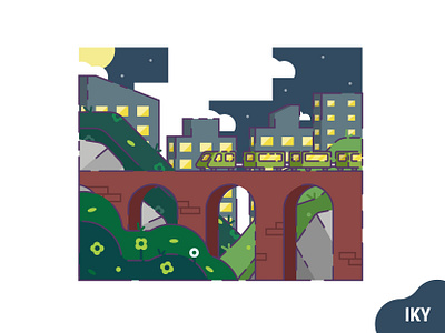 Train Night bridge city design designer flat design flower grass illustration night stone train vector