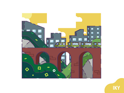 Train Afternoon afternoon bridge city design designer flat design flower grass illustration stone train vector