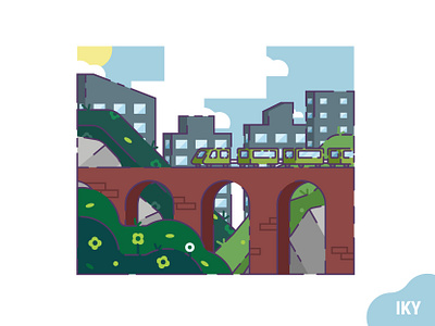 Train Morning bridge city design designer flat design flower grass illustration morning stone train vector