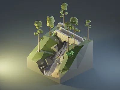 Bridge Over Stream Low Poly 3d 3dart 3dillustration 3dmodeling b3d blender3d bridge diorama illustration isometric lowpoly lowpolyart pines renders stream