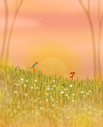 Free Days in Fields adobe illustrator boy couple design digital illustration digital painting digitalart flat flat illustration girl illustration illustrator kids love lovers minimal nature vector