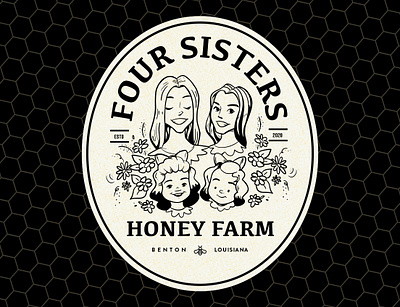 Four Sisters hand drawn honey illustration jar label