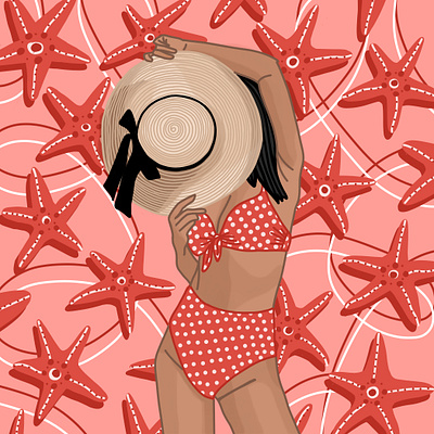 Starfish adobe fresco beach beauty coral illustration polkadots starfish strawhat summer sun hat swimsuit vector illustration