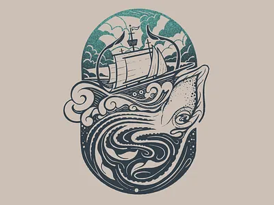 Kraken artwork giant illustration kraken ocean sea ship squid underwater waves