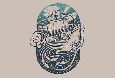 Kraken artwork giant illustration kraken ocean sea ship squid underwater waves