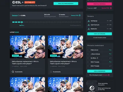 Reach.gg | Dota 2 Matchmaking Service dark ui dota dynamic esports gaming homepage leaderboard league queue ranking reach tournament vaporwave website
