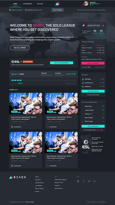 Reach.gg | Dota 2 Matchmaking Service dark ui dota dynamic esports gaming homepage leaderboard league queue ranking reach tournament vaporwave website