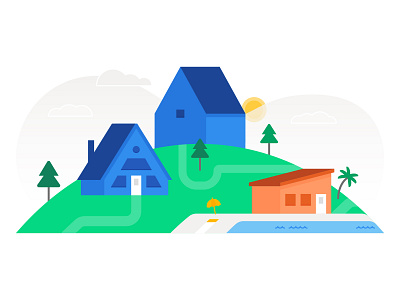 Road to recovery flat illustration homes houses landscape minimal palm tree pool