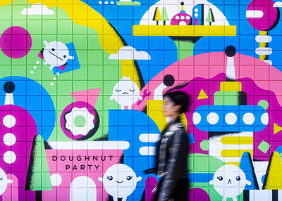 Doughnut Party Mural abstract branding characters city colorful donuts doughnuts flat food fun geometric happy landscape minimal mural painting sci-fi space texture vibrant