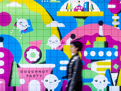 Doughnut Party Mural abstract branding characters city colorful donuts doughnuts flat food fun geometric happy landscape minimal mural painting sci fi space texture vibrant