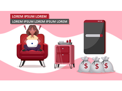 RESEARCHING 2 animation cell phone character design girl illustration illustrator laptop money red sofa vector