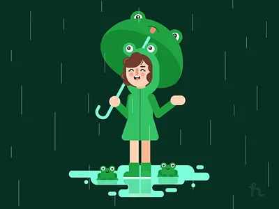 Girl in the rain character design flat design frog illustration illustration vector motion design rain
