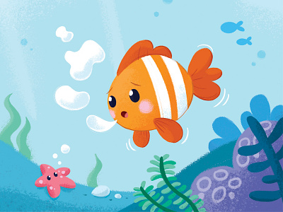 The little fish that can't make round bubbles bubbles character character design childrens book childrens illustration clownfish cute fish fish geometry illustrations kids book kids illustration nemo ocean sea