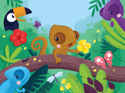 The chameleon that can't change colours butterfly chameleon character character design characters childrens book childrens illustration cute art digital illustration flower illustration jungle book kid kids illustration toucan