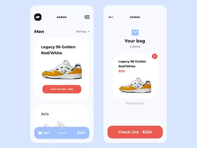 Karhu Mobile app design iphone minimal mobile sneakers ui ux wip