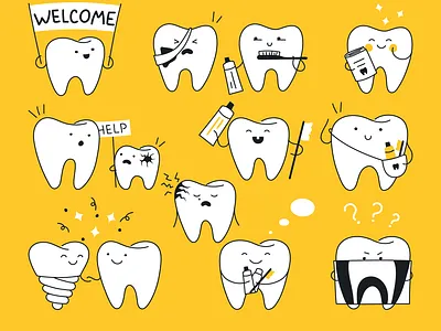 Cute teeth branding caries cartoon character cute cute art dentist dentistry design emotions flat funny graphic design illustration line outline teeth ui vector