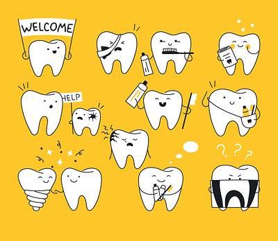 Cute teeth branding caries cartoon character cute cute art dentist dentistry design emotions flat funny graphic design illustration line outline teeth ui vector