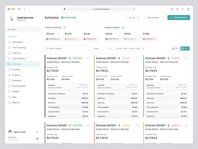 Estimates app clean estimate filter grid invoice saas search service construction sidebar status time ui ux web web design work breakdown work worder