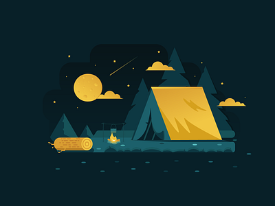 Gold Night camp campfire camping clouds dark dark colors design falling star gold grass illustration moon mountain night night mode stars tent tree vector wood