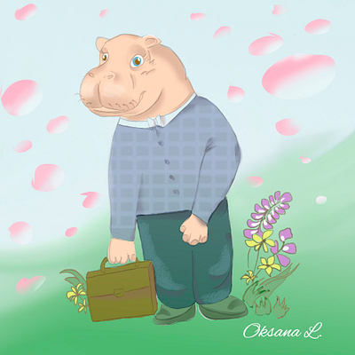 Hippopotamus with a briefcase illustration photoshop