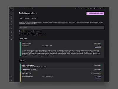 Gin FutureUI Update page (Darkmode) admin admin ui app application claro cms dark dark ui darkmode drupal drupal admin ui future ui gin gin future ui status update update ui updates updates ui