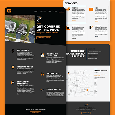 GPro Exteriors Website graphic design home exteriors home page orange and black roofing siding sketch ui ux web design web page webpage website