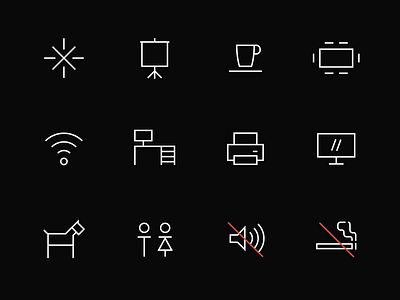 Nova Iskra Workspace — Pictograms desk flat icon icon set identity linear meeting no smoking no sound pet friendly pictogram toilet wifi workspace workstation