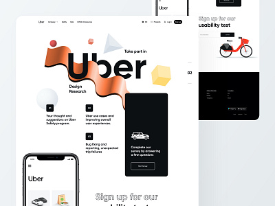 Uber Survey Page - Website UI Design 3d abstract app car bike car rental colorful creative design geometric art landing page lyft grab minimal ride sharing app uber ui ux website