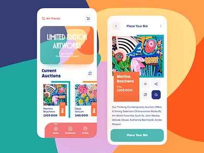 Art Pieces Auction App. auction bid bidding colorful crypto digital artworks fine art interaction design live auction marketplace mobile mobile app mobile marketplace nft marketplace orix outstanding sajon trade ui design uiux