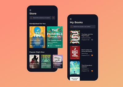 Book Library App app app design book buy concept dark dark ui design library mobile app online store rent shop store ui
