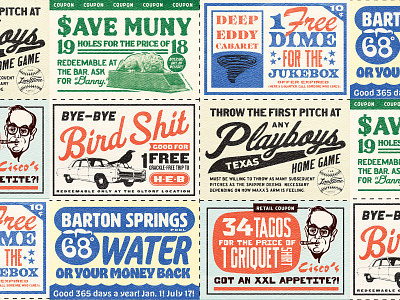 Austin Coupons austin badge bar baseball coupon coupon sheet golf illustration joke local restaurant retro texas texture thursday type typography vintage