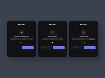 ProtonMail Bridge – Onboarding accounts bridge connection dark mode get kowal mail minimal modern onboarding proton protonmail przemek sign in started swiss ui ux