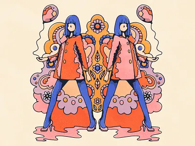 Gogo Girls balloons blue bold bold color daisy dancers flat illustration floral design flowers gogo halftones illustration art linework livelyscout psychedelic art retro retro design seventies sixties vintage illustration