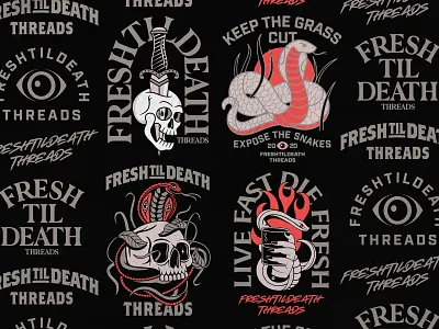 Freshtildeath Threads badge badgedesign branding dagger graphic design illustration illustrator logo merch skull snakes typography vector