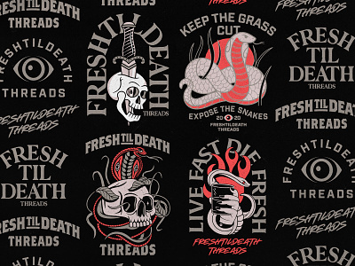 Freshtildeath Threads badge badgedesign branding dagger graphic design illustration illustrator logo merch skull snakes typography vector