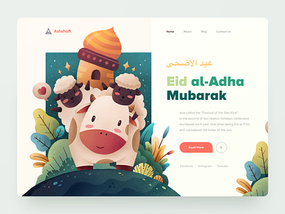 Eid al-Adha Mubarak Website Header character character illustration clean colorful cow eid al adha goat green header header illustration homepage illustration landing page plants procreate sheep texture uidesign web design website