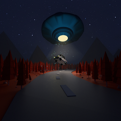 Low polyart UFO scene By Ahmed Jabnouni 3d 3d artist 3d modeling ahmed jabnouni design fantasy forest low poly lowpoly lowpoly3d night trees ufo ufos