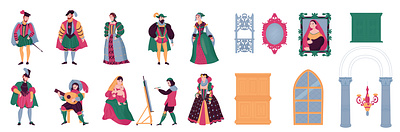 Renaissance style icon set fashion flat illustration renaissance retro vector