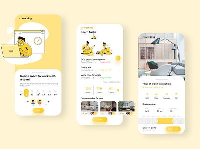 Mobile app coworking coworking design illustration mobile app mobile ui office rent a room uxui yellow