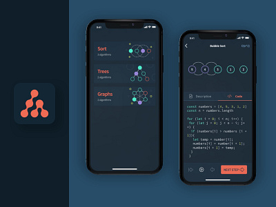 Algorithm App Design algo algorithm app code coding dark theme dark ui design geometric learning learning app lettermark logo mobile mobile app ui ux