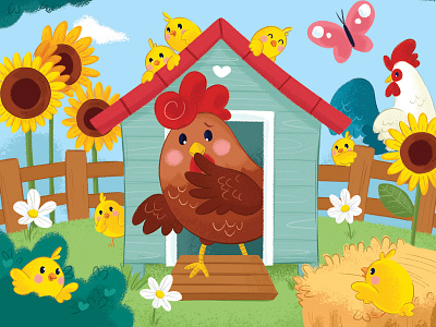 The hen who's lost her nice chicks character chick chicken childrens book childrens illustration counting cute animal cute illustration farm hen illustration kid kids illustration roaster sunflower