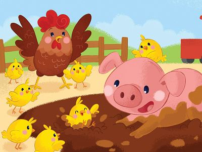 Mud Party animal character character design chick chicken childrens book childrens illustration cute animal farm fun hen illustration kid kids art muddy pig