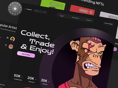 Elevating NFT Trading – A Futuristic Marketplace UI collectnft design landingpage nft nftmarketplace ui design uiux web3 website