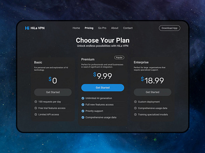 Pricing for HiLa VPN landing page button card darkmode inner page minimal plan plans pricing pricing card pricing page pricing table select plan ui ui element user interface ux vpn vpn web web design web pricing