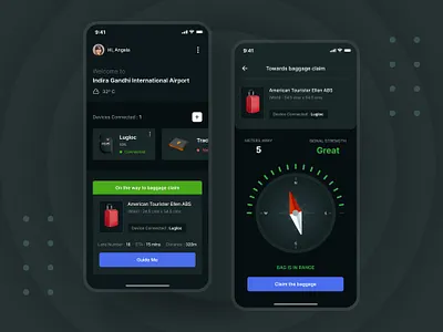 Baggage Locator airport app design dark mode device direction distance location location tracker profile tracker app uidesign ux design