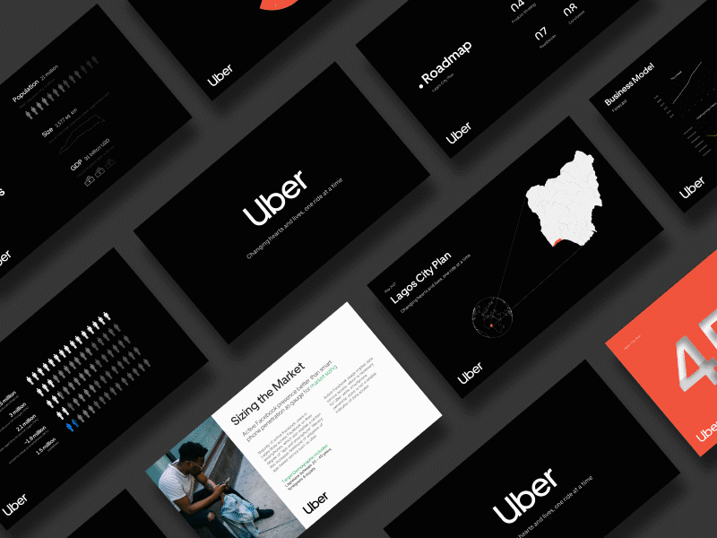 Sliding Animation: Uber Presentation animation black branding data data visualization deck infographic keynote pitch pitch deck powerpoint presentation presentation design slide startup statistics typography uber ui ux