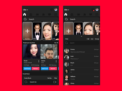 LIKE: Social Media App Dashboard and Message Screen android app branding figma ios message app message screen mobile social media social media app ui design ux design xd design