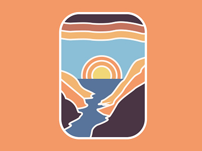 Morning Valley badge design day flat design graphic design hills lines morning mountains nature ocean river sea sticker design sun sunrise sunset valley vector art water